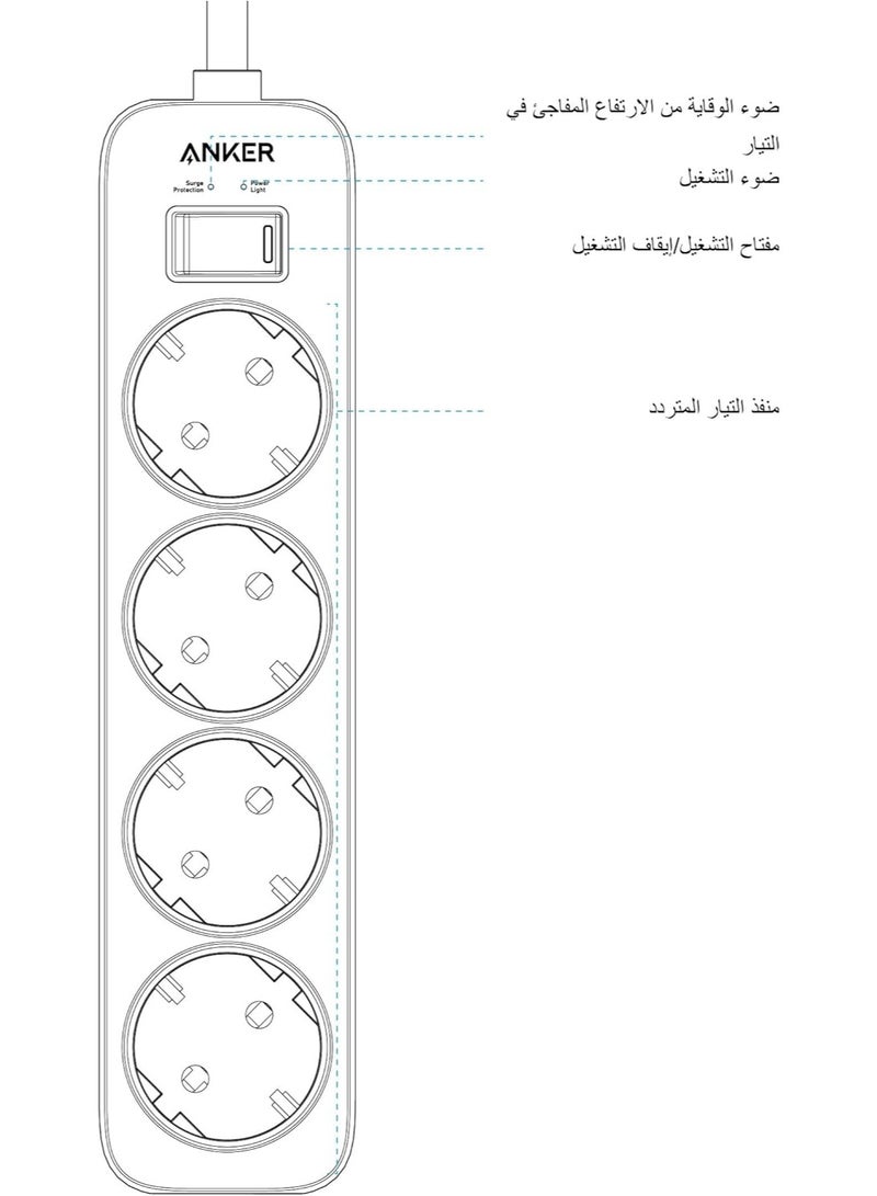 سلك تمديد مزود بأربعة منافذ حائط - شريط طاقة محمي من ارتفاع التيار الكهربائي، مناسب للمنازل والمكاتب ومحطات العمل والأجهزة الإلكترونية | حل طاقة آمن متعدد الأجهزة - Image 4