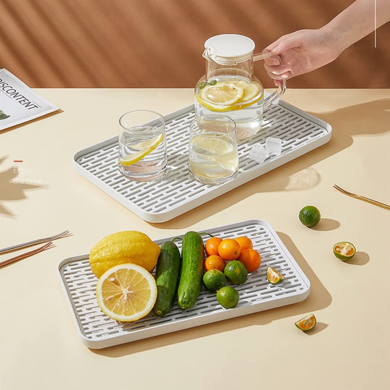 Bonilve 2Packs Serving Tray Dish Rack Flat Drain Board MultiUse Tray for Serving Fruit Drain Cup Drain Vegetable Drain White Grey Perfect for Coffee Kitchen 669W x 122L