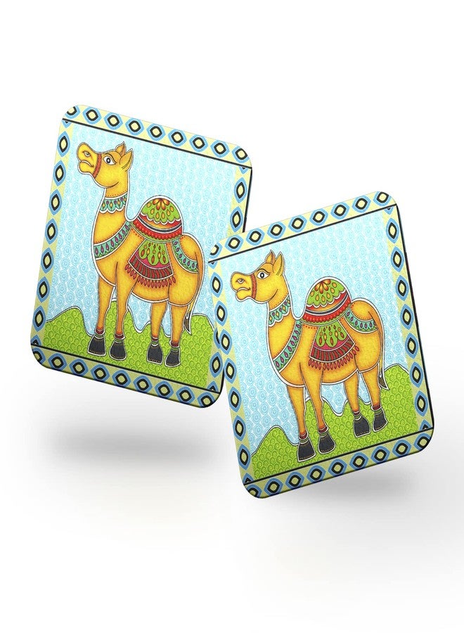 JIKRAA® Wooden Pack of 2 Square Shape Colorful Coasters | MDF Coasters for Home Kitchen, Office Desk (4 x 4 Inch) - Set of 2 (Design -3) - Image 1