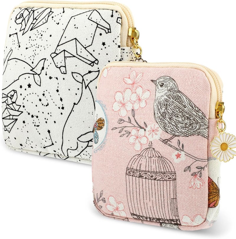 COBEE cobee 2PCS Sanitary Pad Storage Bag, Cute Sanitary Napkin Storage Purses Portable Period Bag with Daisy Zipper Panty Liner Tampon Menstrual Cup Nursing Pad Holder Pouch for Girls Women Travel(Bird)