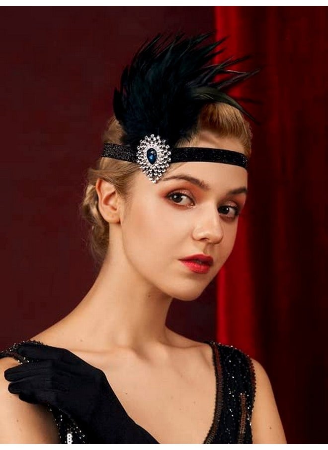 SWEETV Flapper Headband 1920S Headpiece Rhinestone Feather Hair Band Great Gatsby Headpiece For Women,Black  - Image 2