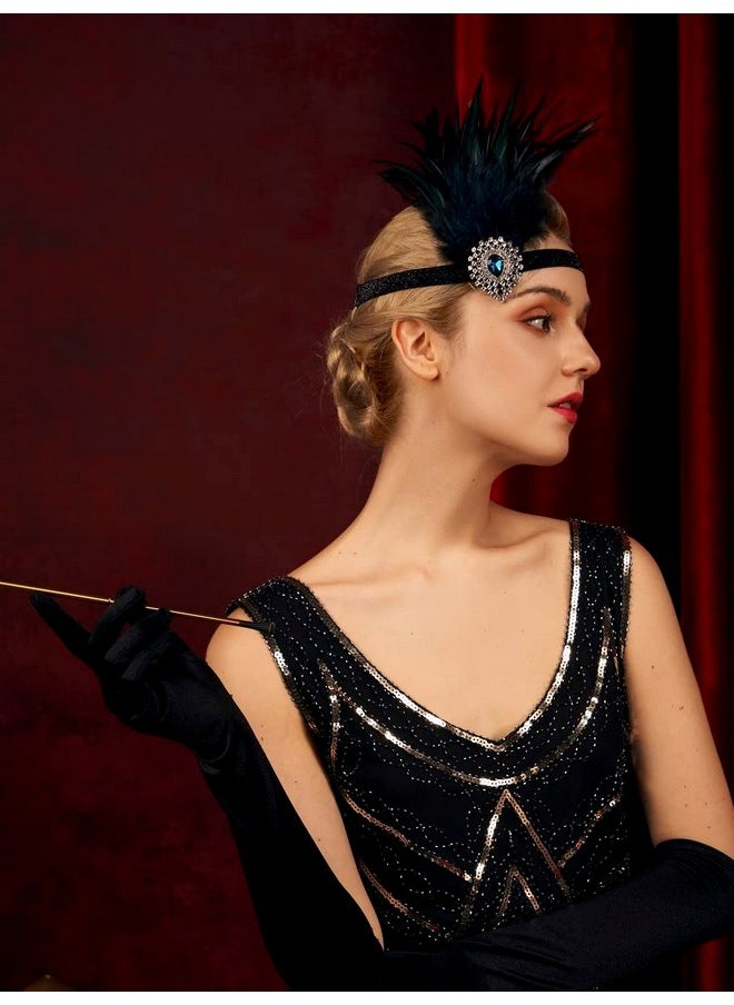 SWEETV Flapper Headband 1920S Headpiece Rhinestone Feather Hair Band Great Gatsby Headpiece For Women,Black  - Image 4