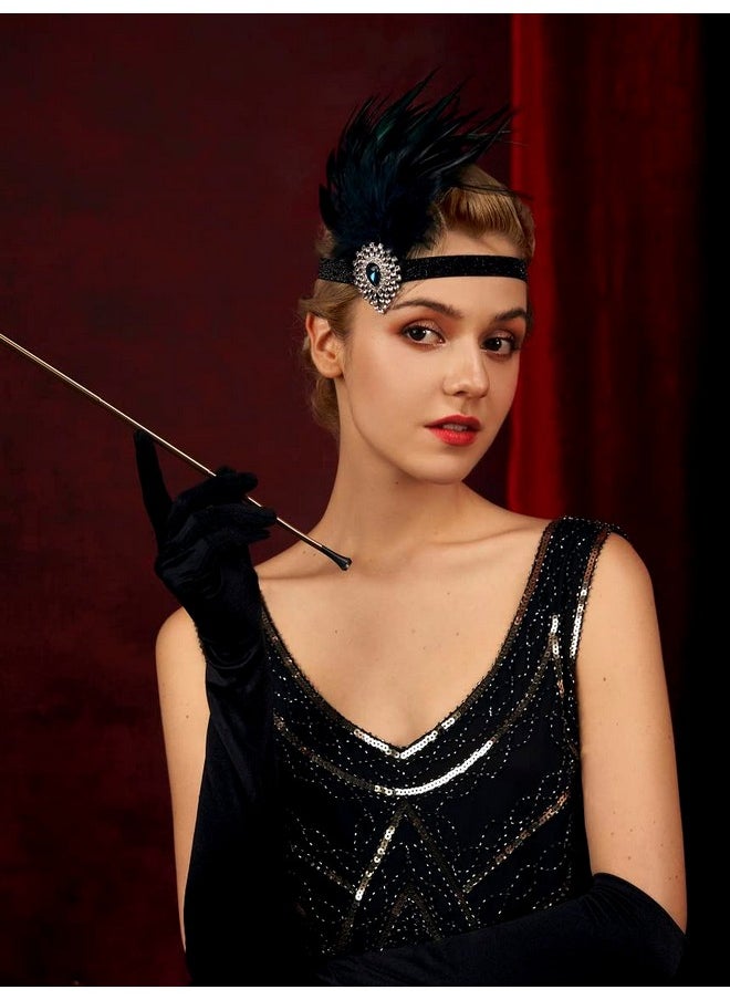 SWEETV Flapper Headband 1920S Headpiece Rhinestone Feather Hair Band Great Gatsby Headpiece For Women,Black  - Image 3