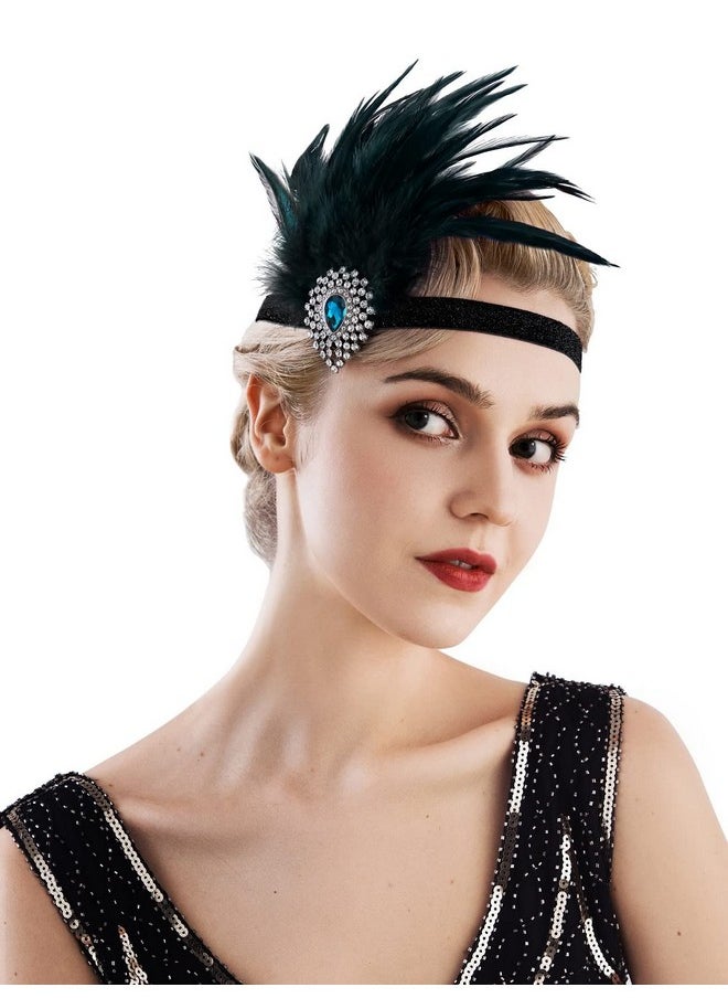SWEETV Flapper Headband 1920S Headpiece Rhinestone Feather Hair Band Great Gatsby Headpiece For Women,Black  - Image 1