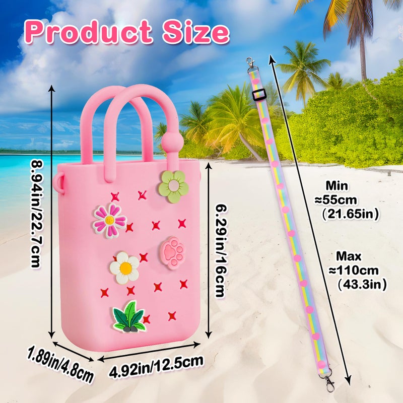 Oudizz Mini Rubber Tote Bag, EVA Waterproof Beach Tote for Little Girls And Woman, Silicone Hole Small Bag for Travel Outdoor, Cute Rubber Beach Bag with 20 Charms & Adjustable Shoulder Strap - Image 4