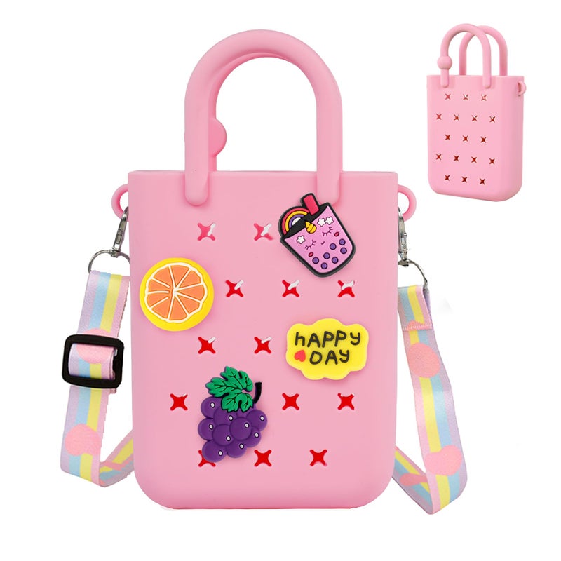Oudizz Mini Rubber Tote Bag, EVA Waterproof Beach Tote for Little Girls And Woman, Silicone Hole Small Bag for Travel Outdoor, Cute Rubber Beach Bag with 20 Charms & Adjustable Shoulder Strap - Image 1