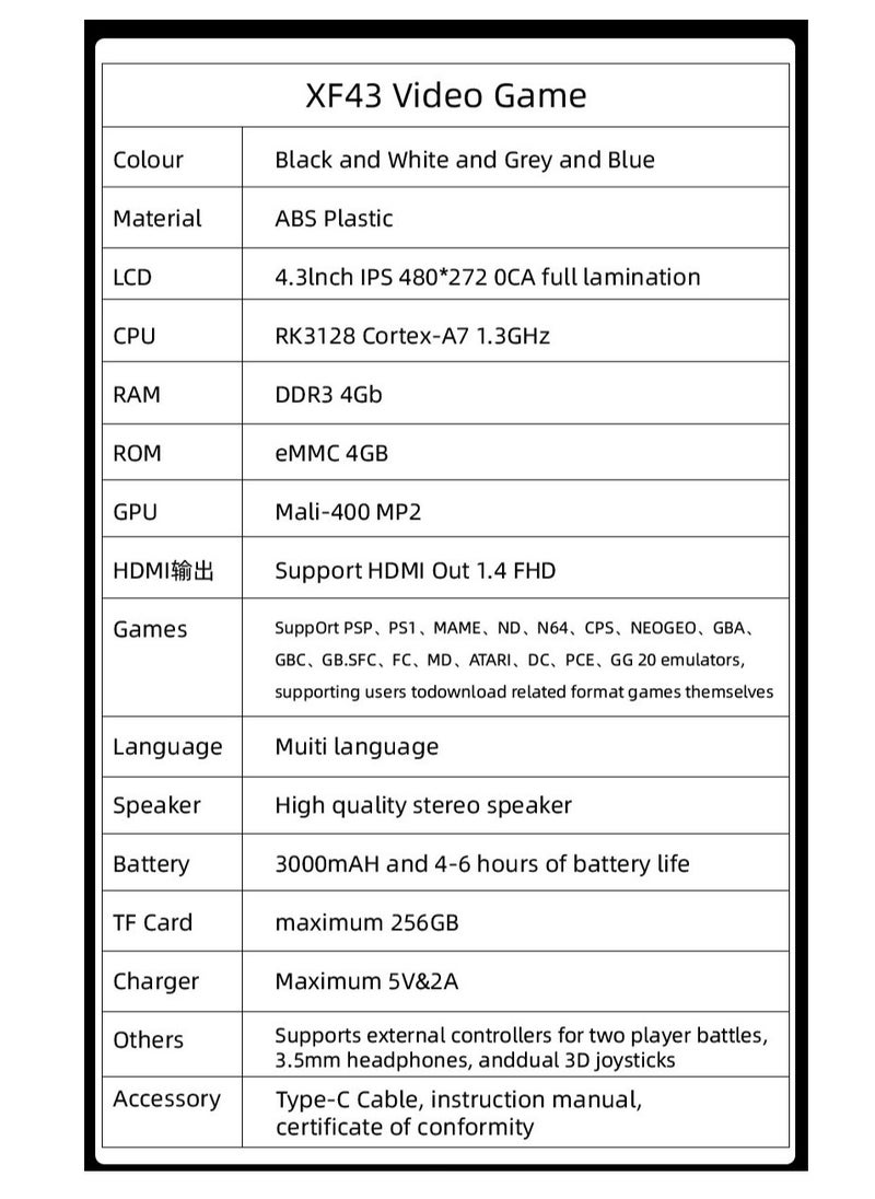 B NEW - 2025 XF43 Retro Handheld Game Console, 4.3” IPS Screen, Hall Joystick & Triggers, RK3128 Gaming Chip, 3000mAh Battery, 30+ Emulators with preload game, HDMI 1.4 Output, Ergonomic Design - Image 1