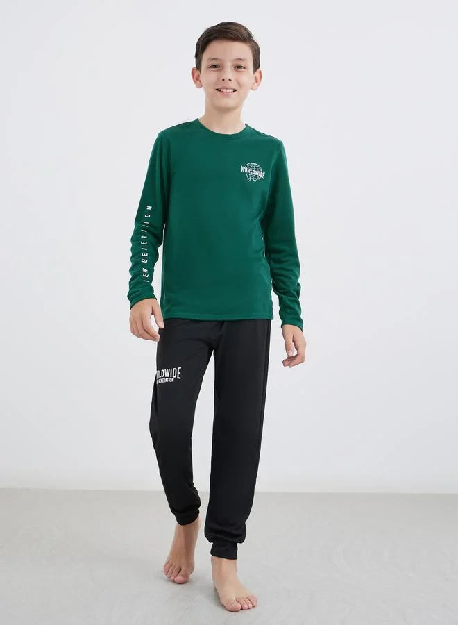 ستايلي Styli Slogan Print T-Shirt and Cuffed Pyjama Set