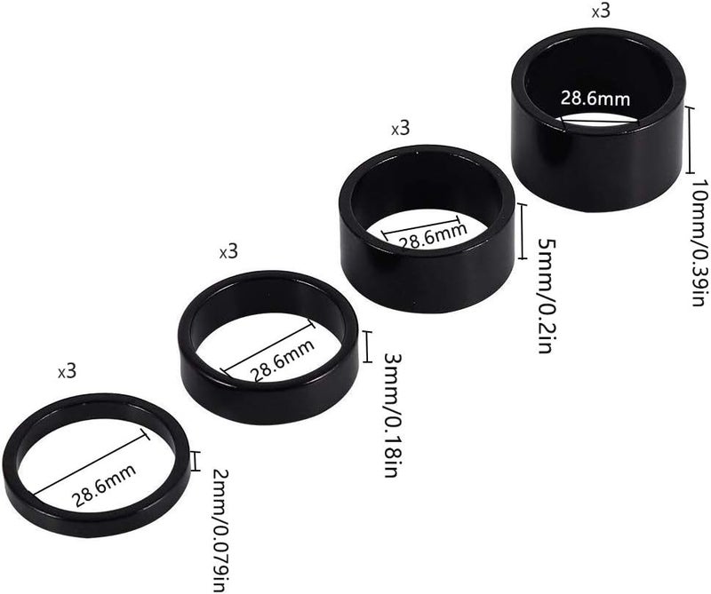 Gooday 12 PCS Bicycle Headset Spacer Bike Handlebar Stem Spacers Threadless Aluminum Alloy Headset Stem Spacer Set Fit 1 1/8-Inch Stem For MTB BMX Mountain Road Bikes Cycling 2MM 3MM 5MM 10MM(Black) - Image 2