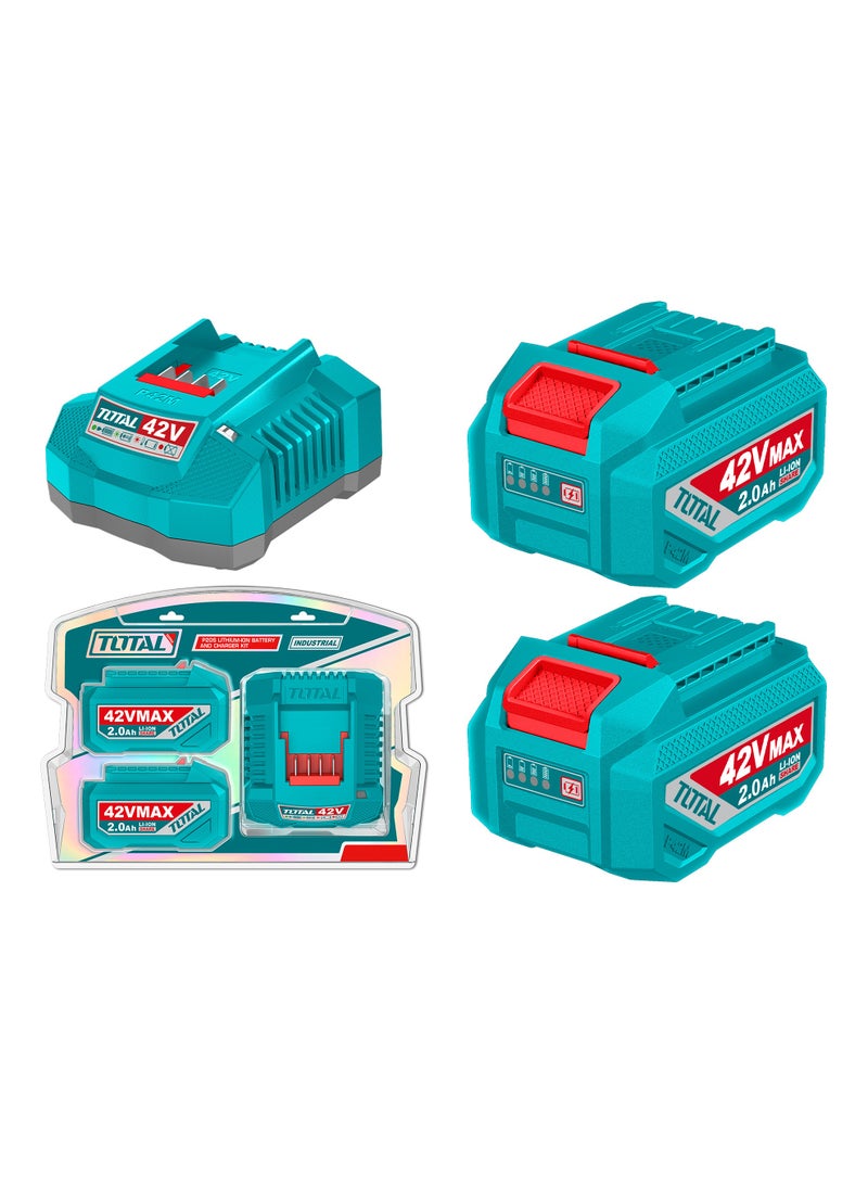 TOTAL 42V Lithium-Ion Battery & Charger Starter Kit - Dual 2.0Ah High-Voltage Battery Packs with LED Power Indicators & 2A Fast Charger - P42M Series Universal Compatibility - TFBCPM20221 - Image 1