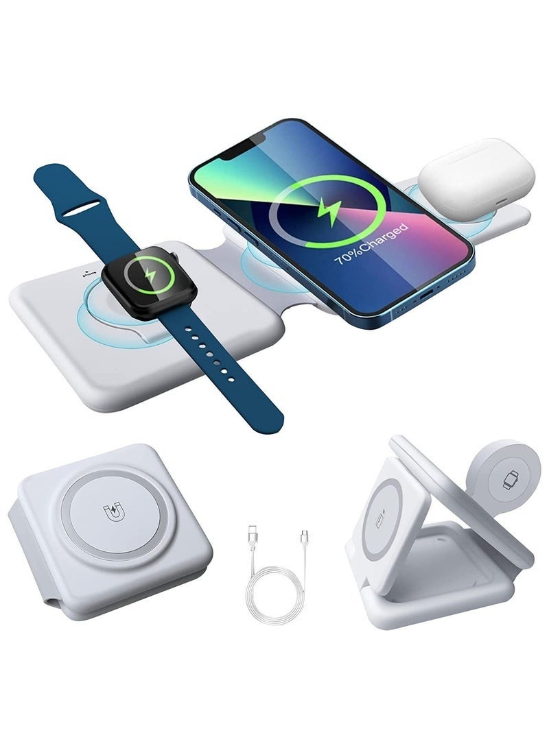 Three in One Wireless Charger, Foldable Magnetic Charging Stand, Inductive Wireless Charger, Suitable for iPhone Series 14/13/12/Apple Watch, And Samsung's 15w Wireless Fast Charging Board (White)