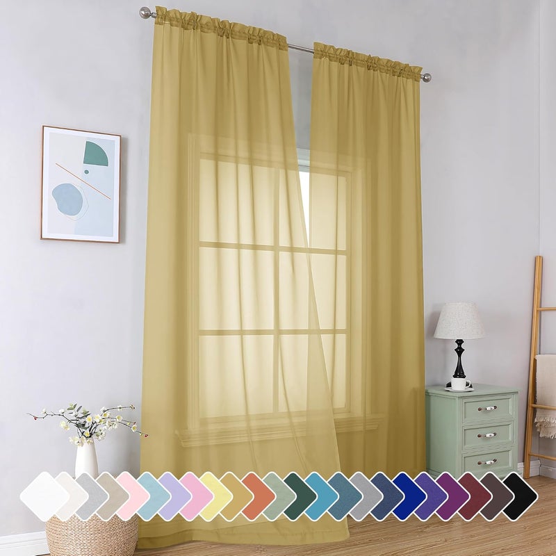 SimpleBrand Gold Sheer Curtains 96 Inches Long 2 Panels, Light Filtering Rod Pocket Solid Color Window Sheer Curtain Panels, Elegant Curtains & Drapes for Living Room, Bedroom, 42" W x 96" L - Image 1