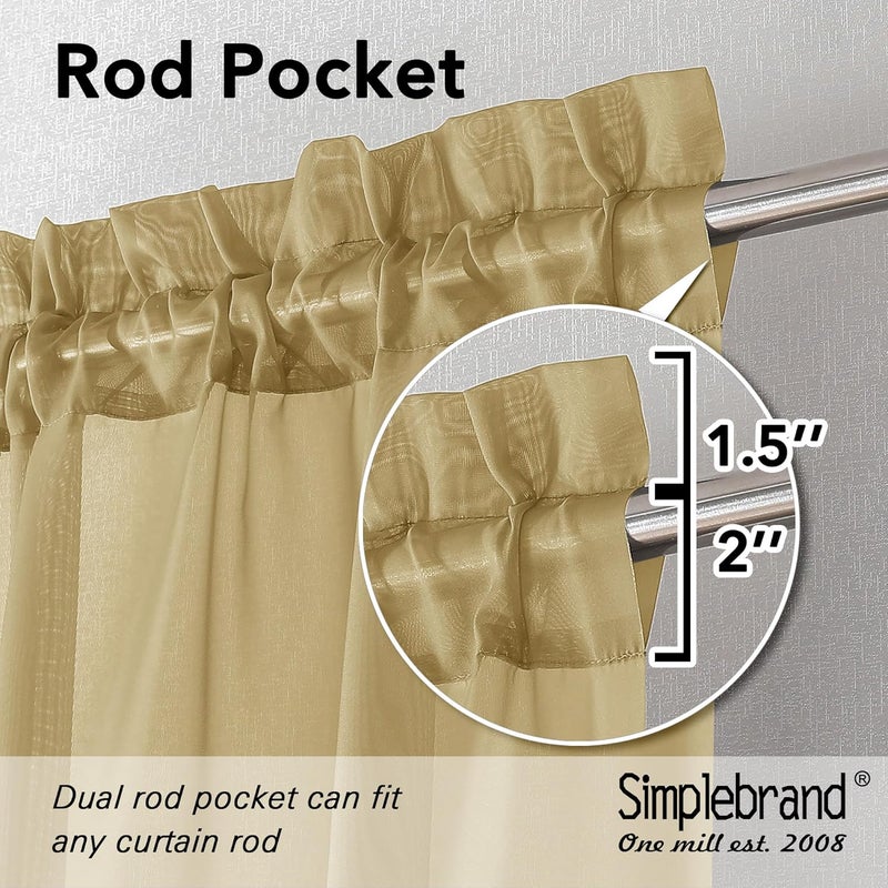 SimpleBrand Gold Sheer Curtains 96 Inches Long 2 Panels, Light Filtering Rod Pocket Solid Color Window Sheer Curtain Panels, Elegant Curtains & Drapes for Living Room, Bedroom, 42" W x 96" L - Image 2