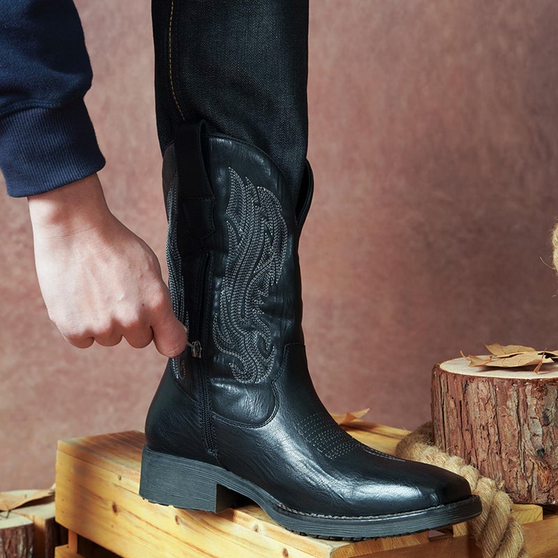 Jousen Cowboy Boots for Men Embroidery Men's Western Boots Retro Square Toe Mens Boot Botas Vaqueras Para Hombre (AMY8420 black 10) - Image 2
