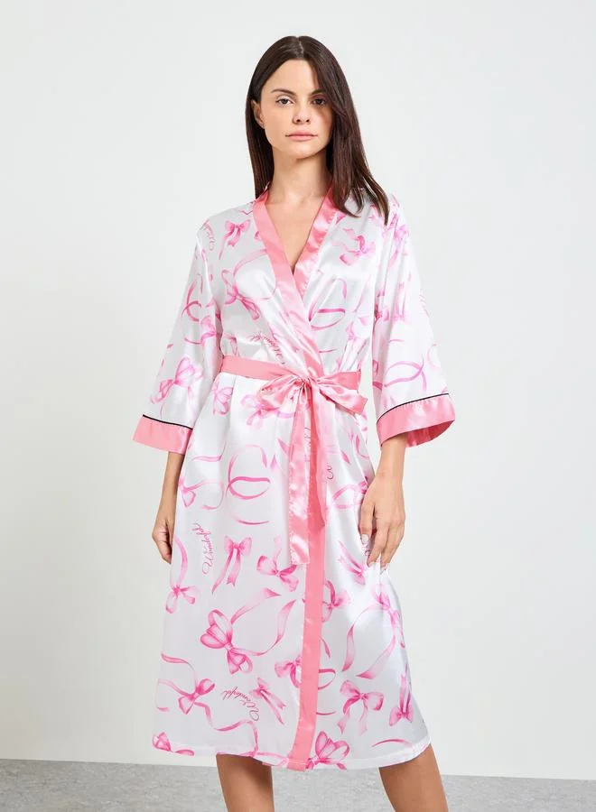 تايك تو White Bow Print 3/4 Sleeve Robe
