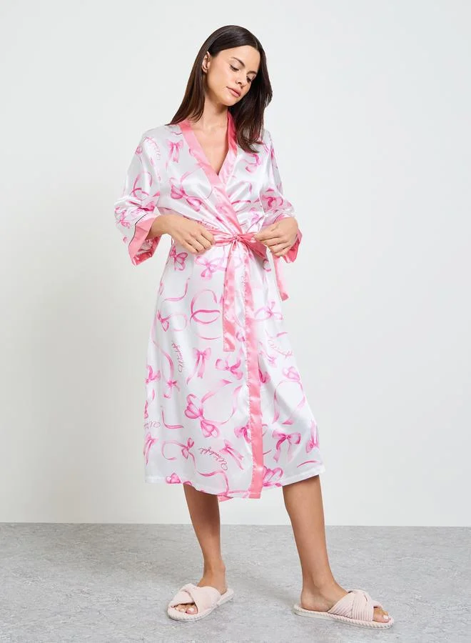 تايك تو White Bow Print 3/4 Sleeve Robe