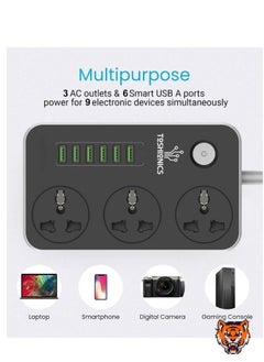 TIGER 3-Way Power Extension Cord – 6 USB Charging Ports, 3 Universal Outlets, 2 Meter Surge Protection Cable for Home and Office Use  - Image 2
