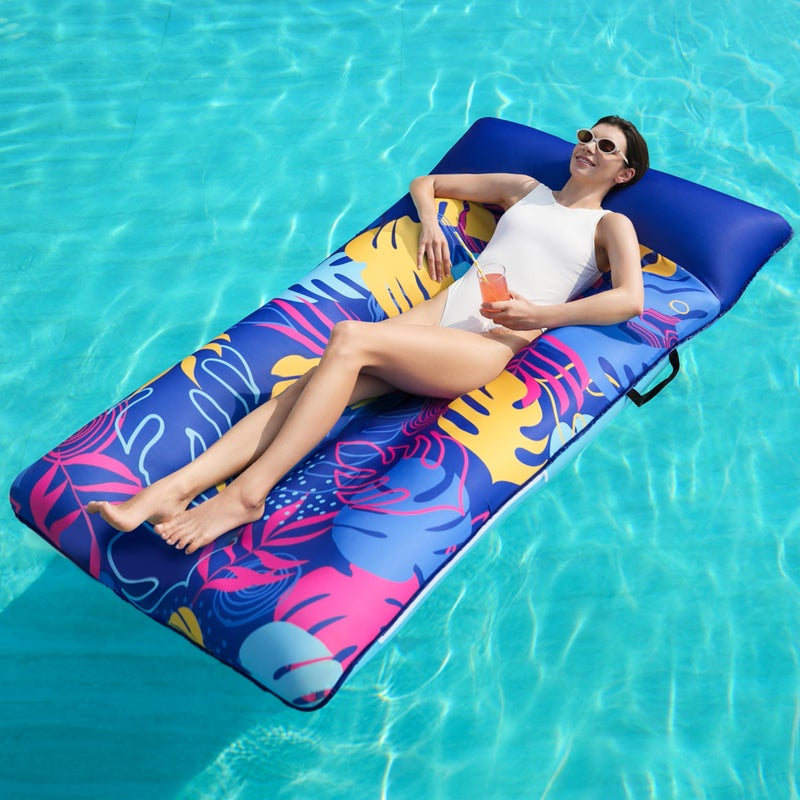 Sloosh Inflatable Pool Floats Raft - XL Fabric Covered Pool Mat Lounger Floaties for Adults, Ultra Comfort Inflatable Water Float with Headrest for Beach Lake Swimming Pool Floating 68"X34" (Blue) - Image 1