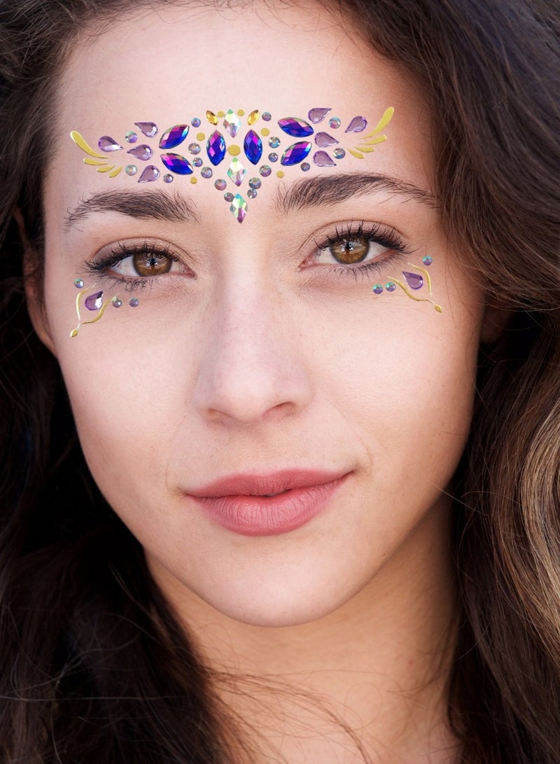 Elegant Purple and Gold Face Gems – Pre-Arranged Self-Adhesive Festival Face Jewelry with Multi-Tone Acrylic Crystals and Gold Foil Accents, Easy Peel & Stick Rhinestone Makeup Stickers for Raves, Parties, Costumes, Cosplay, Clubbing, Carnival & Glam Looks - Image 3