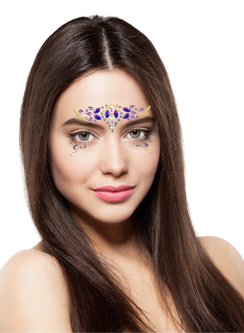 Elegant Purple and Gold Face Gems – Pre-Arranged Self-Adhesive Festival Face Jewelry with Multi-Tone Acrylic Crystals and Gold Foil Accents, Easy Peel & Stick Rhinestone Makeup Stickers for Raves, Parties, Costumes, Cosplay, Clubbing, Carnival & Glam Looks - Image 4