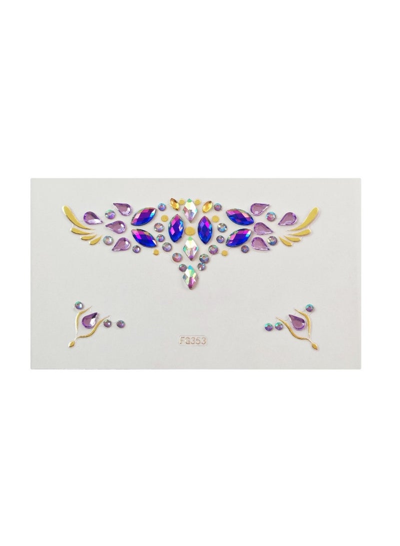 Elegant Purple and Gold Face Gems – Pre-Arranged Self-Adhesive Festival Face Jewelry with Multi-Tone Acrylic Crystals and Gold Foil Accents, Easy Peel & Stick Rhinestone Makeup Stickers for Raves, Parties, Costumes, Cosplay, Clubbing, Carnival & Glam Looks - Image 2