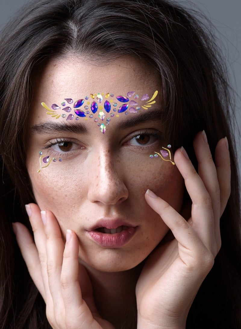 Elegant Purple and Gold Face Gems – Pre-Arranged Self-Adhesive Festival Face Jewelry with Multi-Tone Acrylic Crystals and Gold Foil Accents, Easy Peel & Stick Rhinestone Makeup Stickers for Raves, Parties, Costumes, Cosplay, Clubbing, Carnival & Glam Looks - Image 1