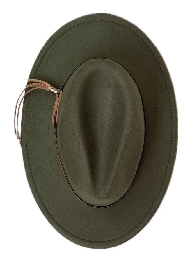 Kids Flat Brim Hat, Girls Wide Brim Felt Fedora Cap, Boho Children’s Accessory, Boys Panama hat, Fall Winter Family Pictures Outfit, Wool Style Western Cowgirl hat Tassel Fringe Hatband (Green) - Image 1