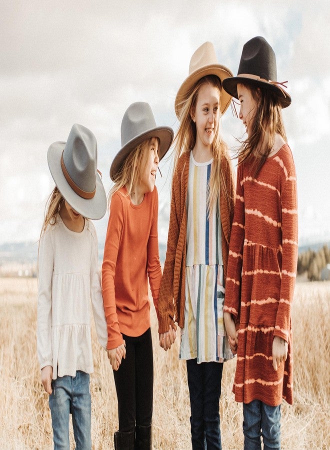 Kids Flat Brim Hat, Girls Wide Brim Felt Fedora Cap, Boho Children’s Accessory, Boys Panama hat, Fall Winter Family Pictures Outfit, Wool Style Western Cowgirl hat Tassel Fringe Hatband (Green) - Image 5