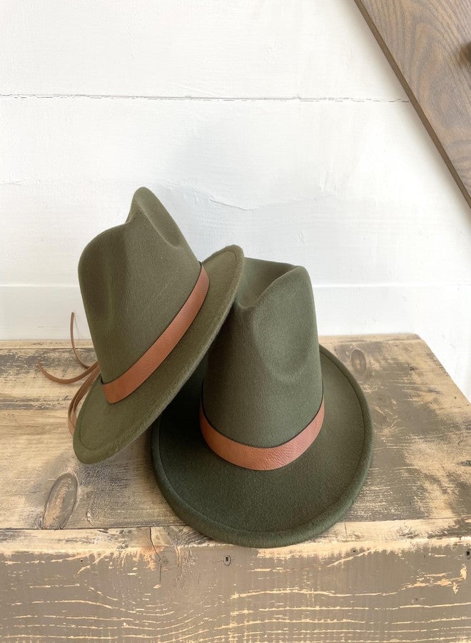 Kids Flat Brim Hat, Girls Wide Brim Felt Fedora Cap, Boho Children’s Accessory, Boys Panama hat, Fall Winter Family Pictures Outfit, Wool Style Western Cowgirl hat Tassel Fringe Hatband (Green) - Image 4