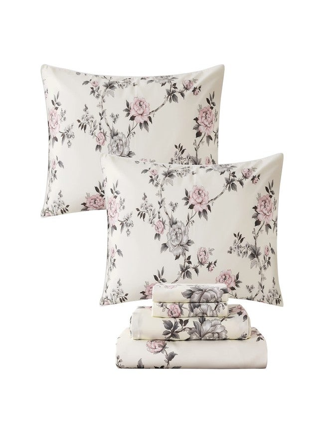 FADFAY Floral Sheets Set Queen Vintage Rose Floral Bedding Shabby Grey and Pink Peony Printed Sheets Farmhouse Bedding 800 Thread Count 100% Egyptian Cotton Deep Pocket Fitted Sheet 4Pcs, Queen Size - Image 1