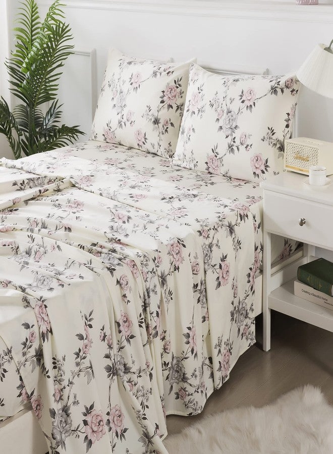 FADFAY Floral Sheets Set Queen Vintage Rose Floral Bedding Shabby Grey and Pink Peony Printed Sheets Farmhouse Bedding 800 Thread Count 100% Egyptian Cotton Deep Pocket Fitted Sheet 4Pcs, Queen Size - Image 2