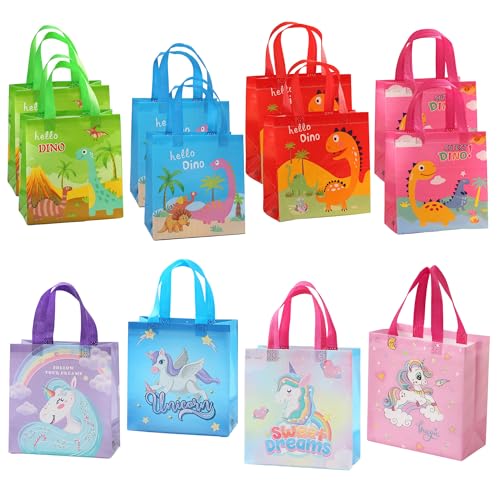 FINEMOE Pack of 12 Small Return Gift Bags for Kids, Unicorn & Dinosaurs Theme, Canvas Return Gift Bag for Birthday, Kanya Pujan, Christmas & Party Favors, Multicolor Gift Cover Small Handbag, Age 2-12 (Dinasour Set) - Image 1