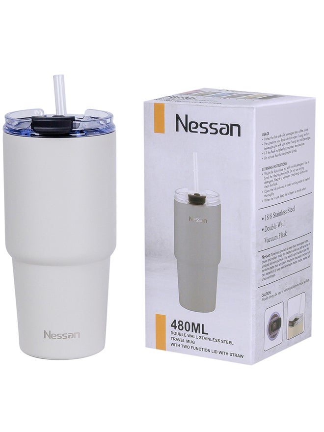 Nessan كوب سفر مزدوج الجدار من نيسان مصنوع من الفولاذ المقاوم للصدأ مع عزل فراغ - بيج، 480 مل - Image 2