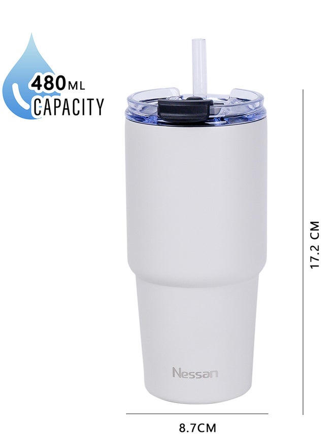 Nessan كوب سفر مزدوج الجدار من نيسان مصنوع من الفولاذ المقاوم للصدأ مع عزل فراغ - بيج، 480 مل - Image 3