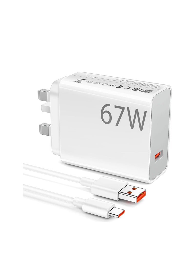 عام 67W USB Plug Turbo Charger for Xiaomi,USB Fast Charger Plug with USB C Turbo Charging Cable,USB Charger Adapter for XRedmi Note 14/ 13/12/11/10 Pro/Mi 13T/12X/11T/Pad 7 6/POCO X7/X6/X5 - Image 1