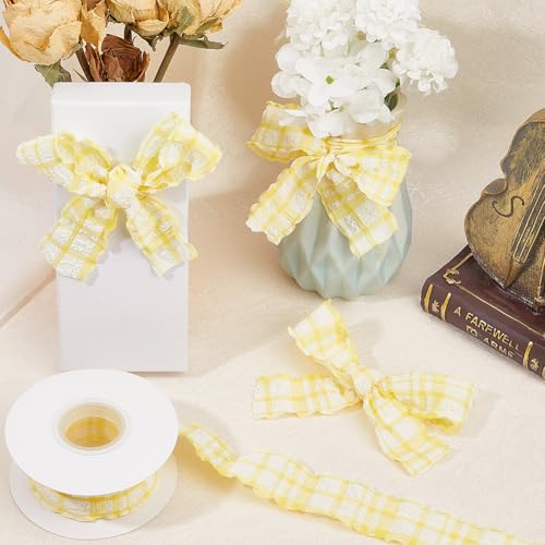 CABODYALS 10 Yards 1.5 Inch Yellow Checkered Ribbon Plaid Ribbon Gingham Double Chiffon Ruffled Edge Silk Ribbon with Spool for Gift Wrapping Wedding Invitations Bouquets Christmas Decor Craft - Image 4