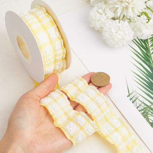 CABODYALS 10 Yards 1.5 Inch Yellow Checkered Ribbon Plaid Ribbon Gingham Double Chiffon Ruffled Edge Silk Ribbon with Spool for Gift Wrapping Wedding Invitations Bouquets Christmas Decor Craft - Image 3