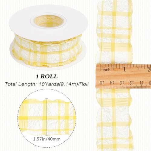 CABODYALS 10 Yards 1.5 Inch Yellow Checkered Ribbon Plaid Ribbon Gingham Double Chiffon Ruffled Edge Silk Ribbon with Spool for Gift Wrapping Wedding Invitations Bouquets Christmas Decor Craft - Image 2