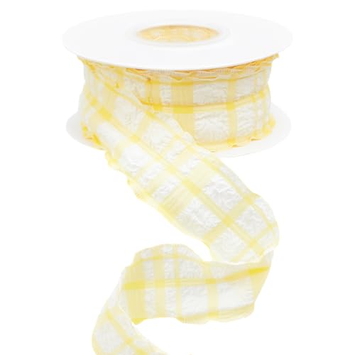 CABODYALS 10 Yards 1.5 Inch Yellow Checkered Ribbon Plaid Ribbon Gingham Double Chiffon Ruffled Edge Silk Ribbon with Spool for Gift Wrapping Wedding Invitations Bouquets Christmas Decor Craft - Image 1