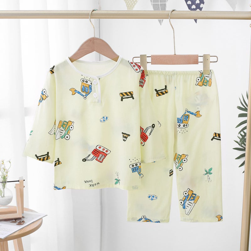Kids Pajama Set Cotton Breathable Sleepwear Beige engineering vehicle 
