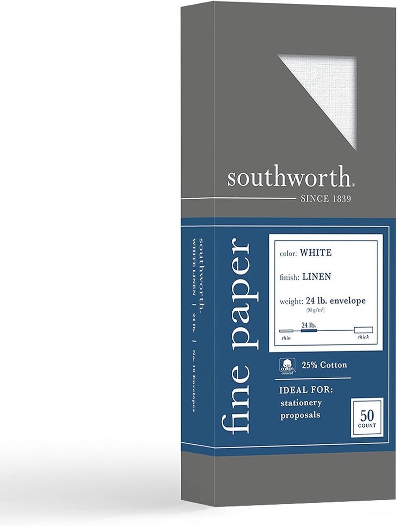 Southworth أظرف ساوثوورث 25 قطن 10 4125 × 95 24 رطل 90 جرام تشطيب كتان أبيض 50 عدداً قد يختلف التعبئة P55410 - Image 1