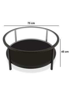 AGD Double Layer Open Round Coffee Table with Tempered Glass Top Shelf and Wood Storage Shelf in Black Bronze Finish 75 x 45 cm  - Image 5