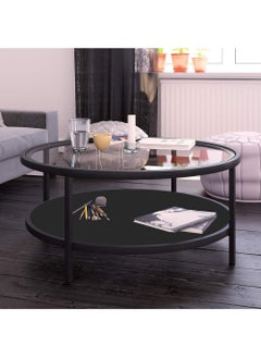 AGD Double Layer Open Round Coffee Table with Tempered Glass Top Shelf and Wood Storage Shelf in Black Bronze Finish 75 x 45 cm  - Image 1
