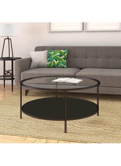 AGD Double Layer Open Round Coffee Table with Tempered Glass Top Shelf and Wood Storage Shelf in Black Bronze Finish 75 x 45 cm  - Image 4
