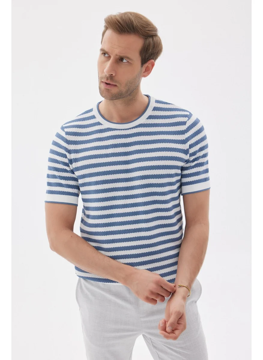 Odelon Limited Men's Striped Short Sleeve Crew Neck Rayon Knit T-shirt Indigo