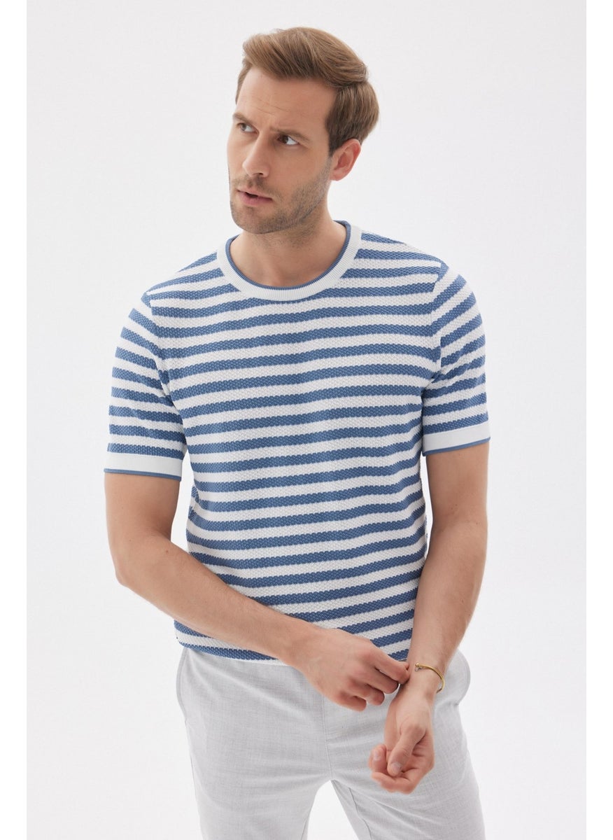 Odelon Limited Men's Striped Short Sleeve Crew Neck Rayon Knit T-shirt Indigo  - Image 1