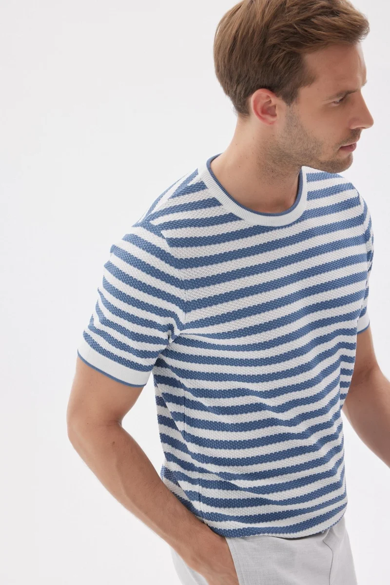 Odelon Limited Men's Striped Short Sleeve Crew Neck Rayon Knit T-shirt Indigo