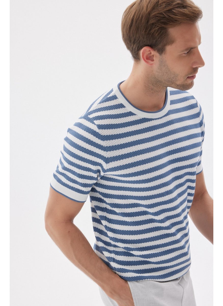 Odelon Limited Men's Striped Short Sleeve Crew Neck Rayon Knit T-shirt Indigo  - Image 3