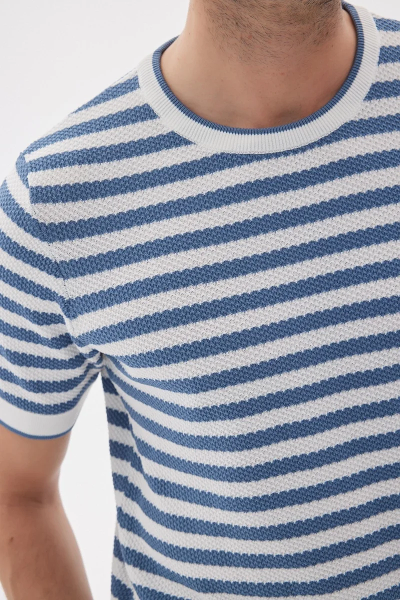 Odelon Limited Men's Striped Short Sleeve Crew Neck Rayon Knit T-shirt Indigo