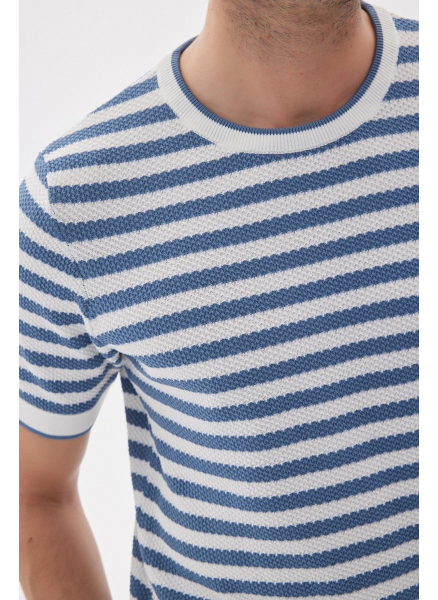Odelon Limited Men's Striped Short Sleeve Crew Neck Rayon Knit T-shirt Indigo  - Image 4